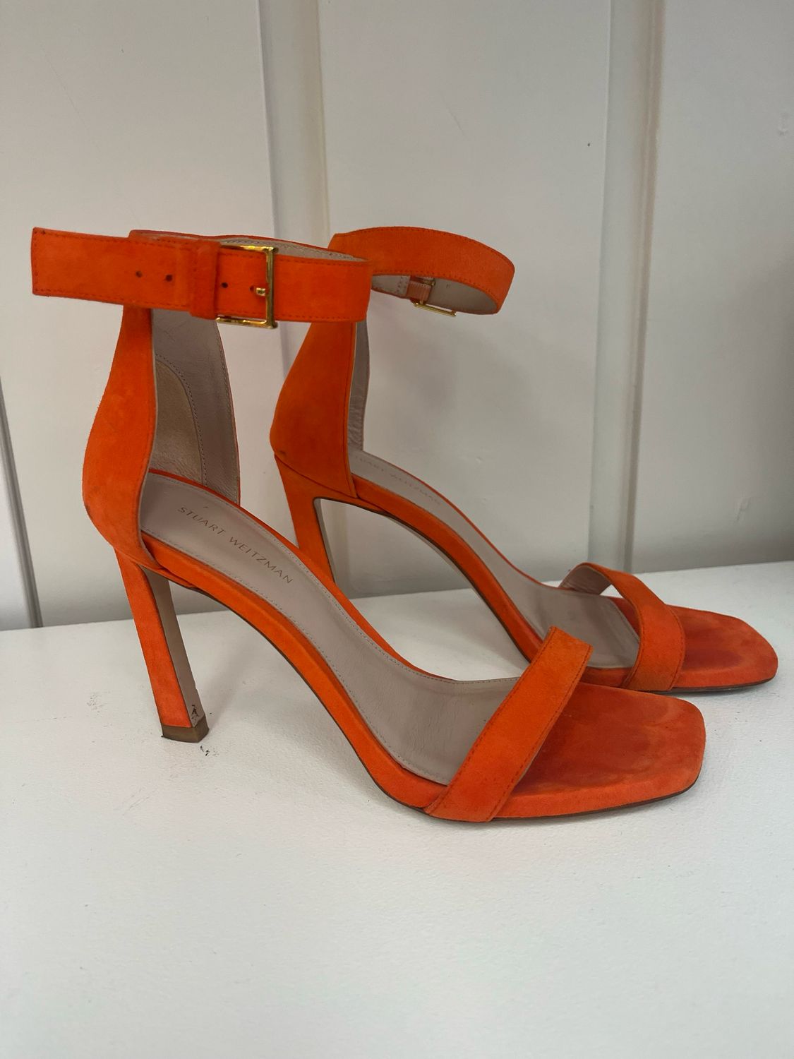 Staurt Weitzman Orange Suede Ankle Strap Heels
