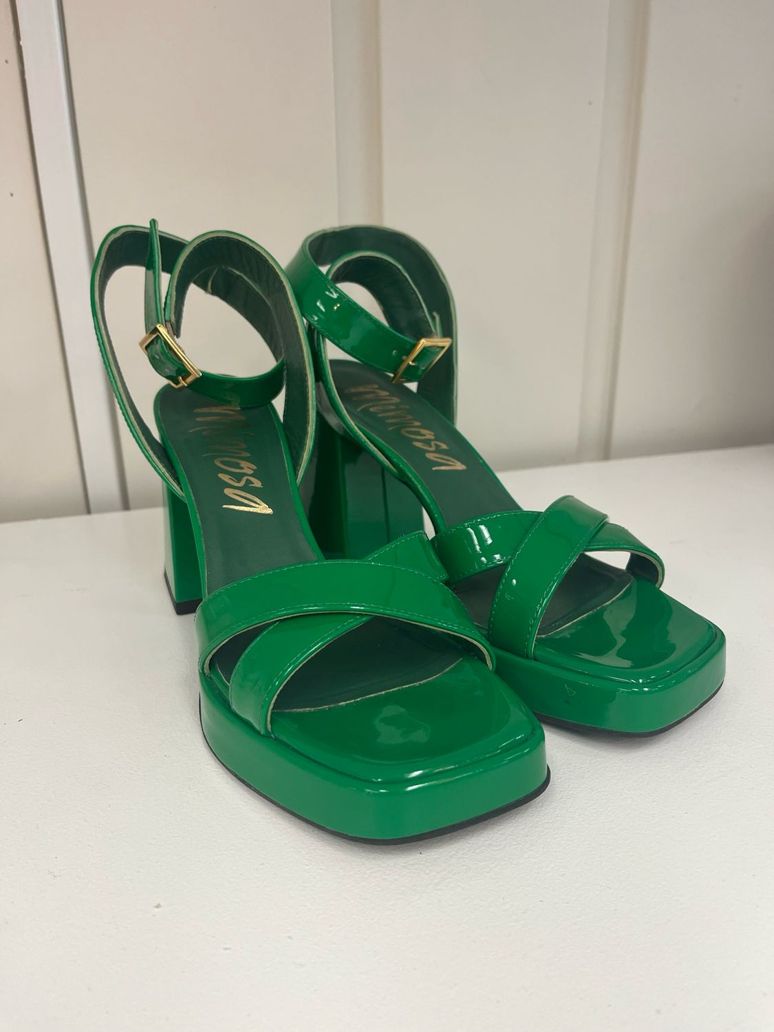 Green Patent Leather Heeled Sandals