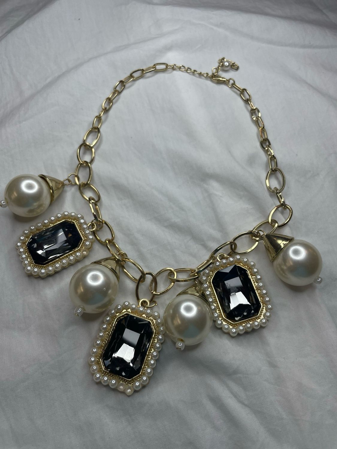 Large Gold, Black + White Pearls Necklace