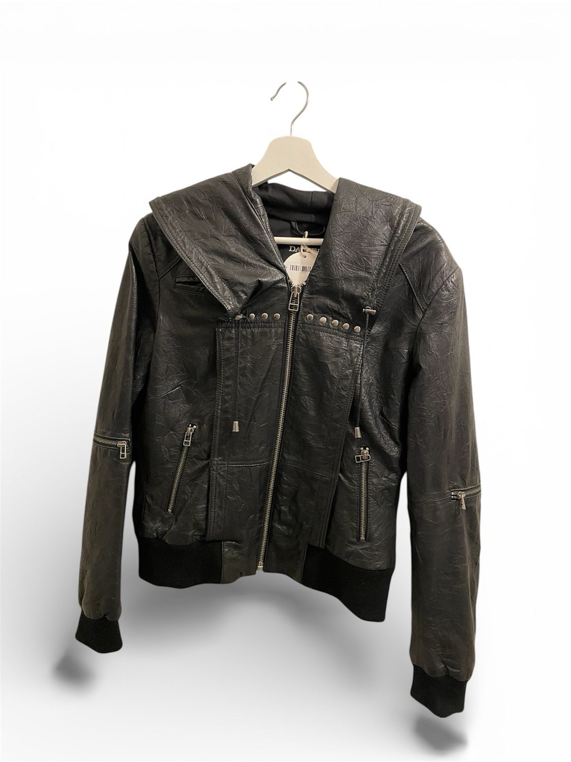 Black Leather Jacket with Hood Duck interior detail