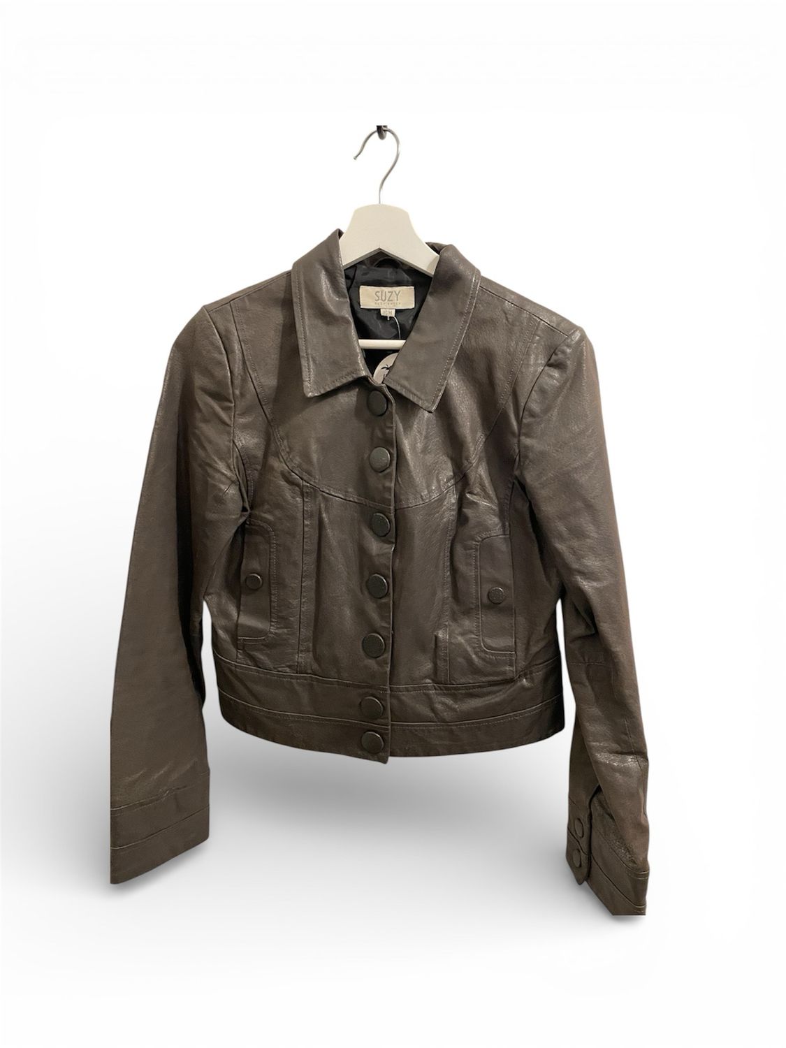 Suzy Sheir Leather Round Button Crop Jacket