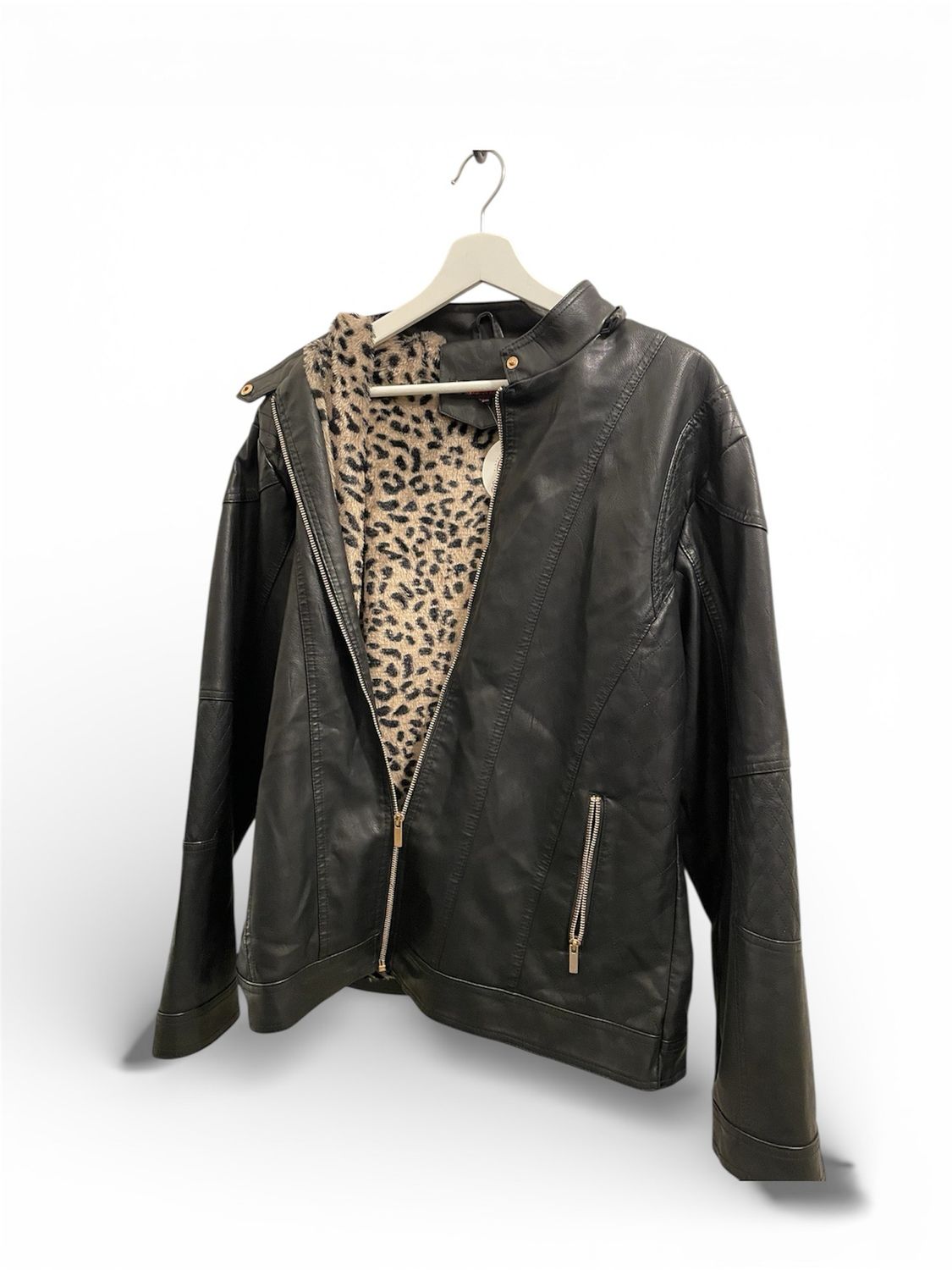 Faux Biker jacket with plush leopard print faux fur interior