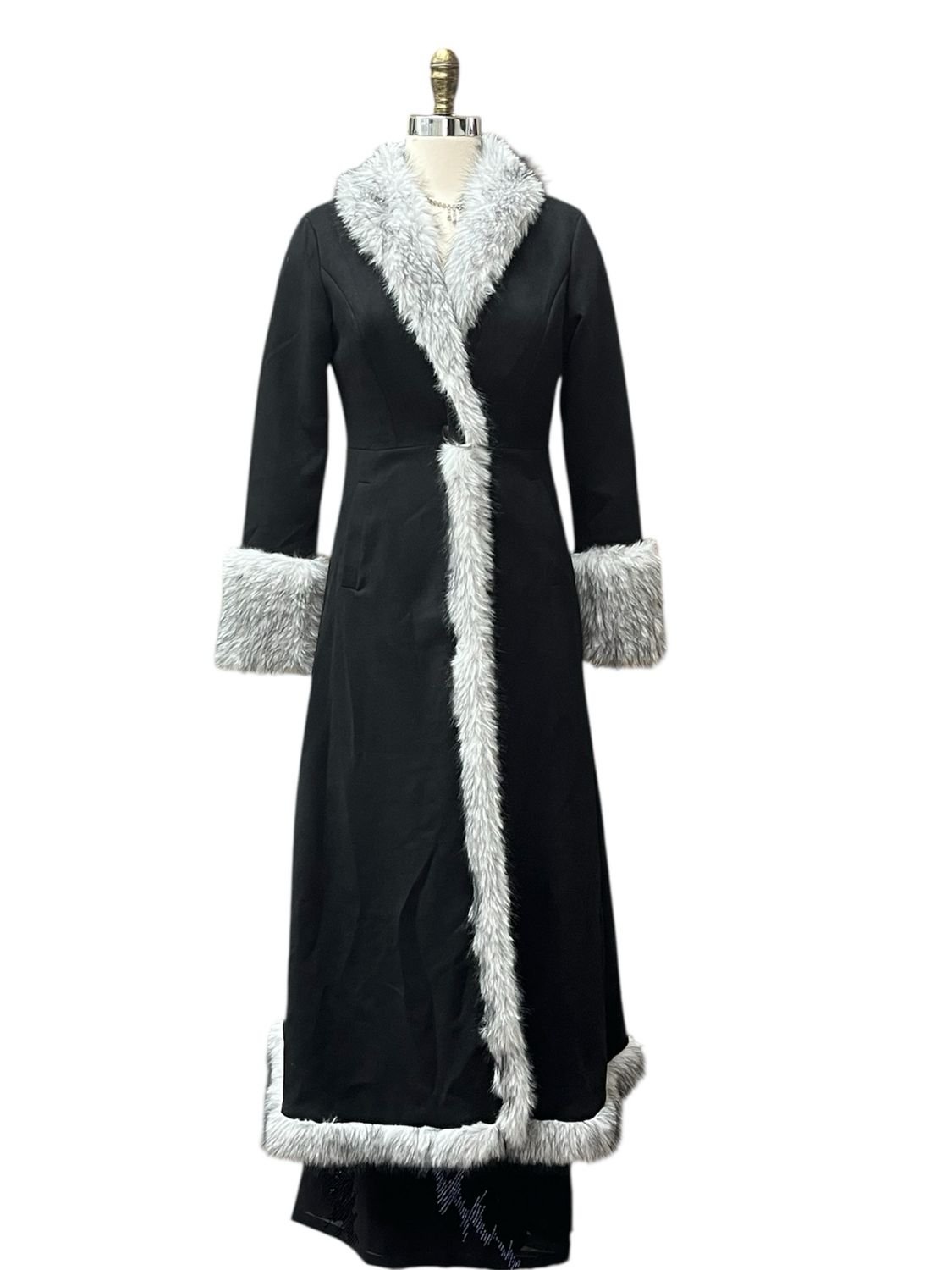 Full Length Black Faux Fur Jacket with white trim