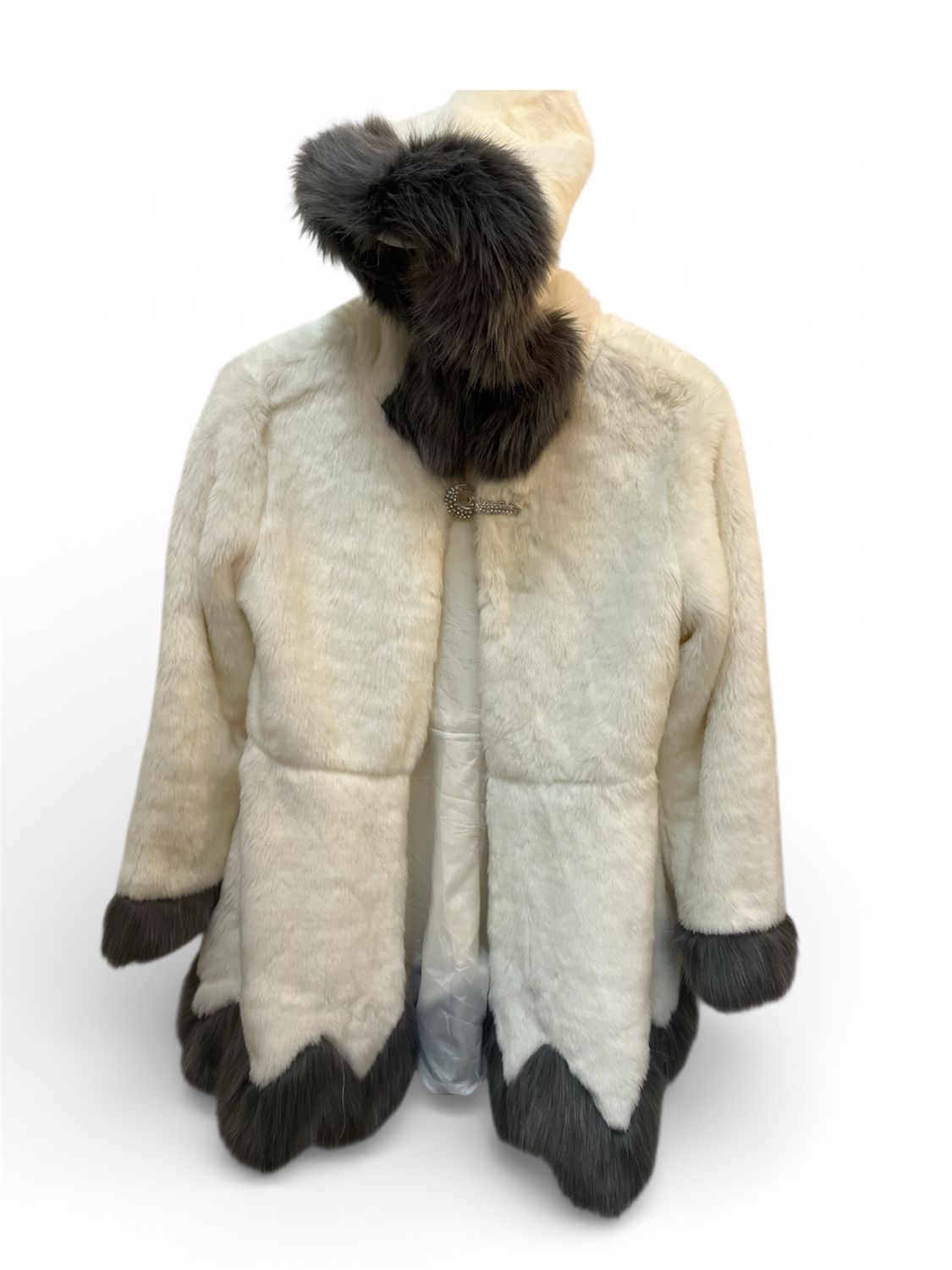 White Faux Fur with grey trim &amp; hood
