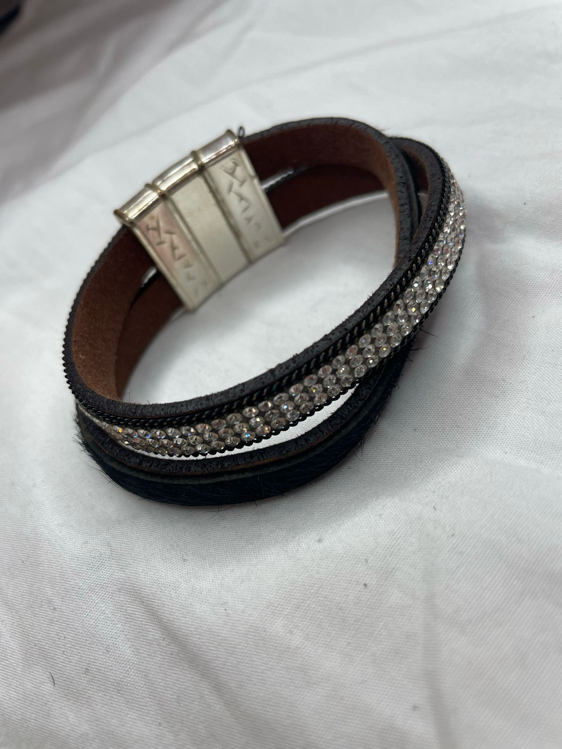 black leather and rhinestone bracelet