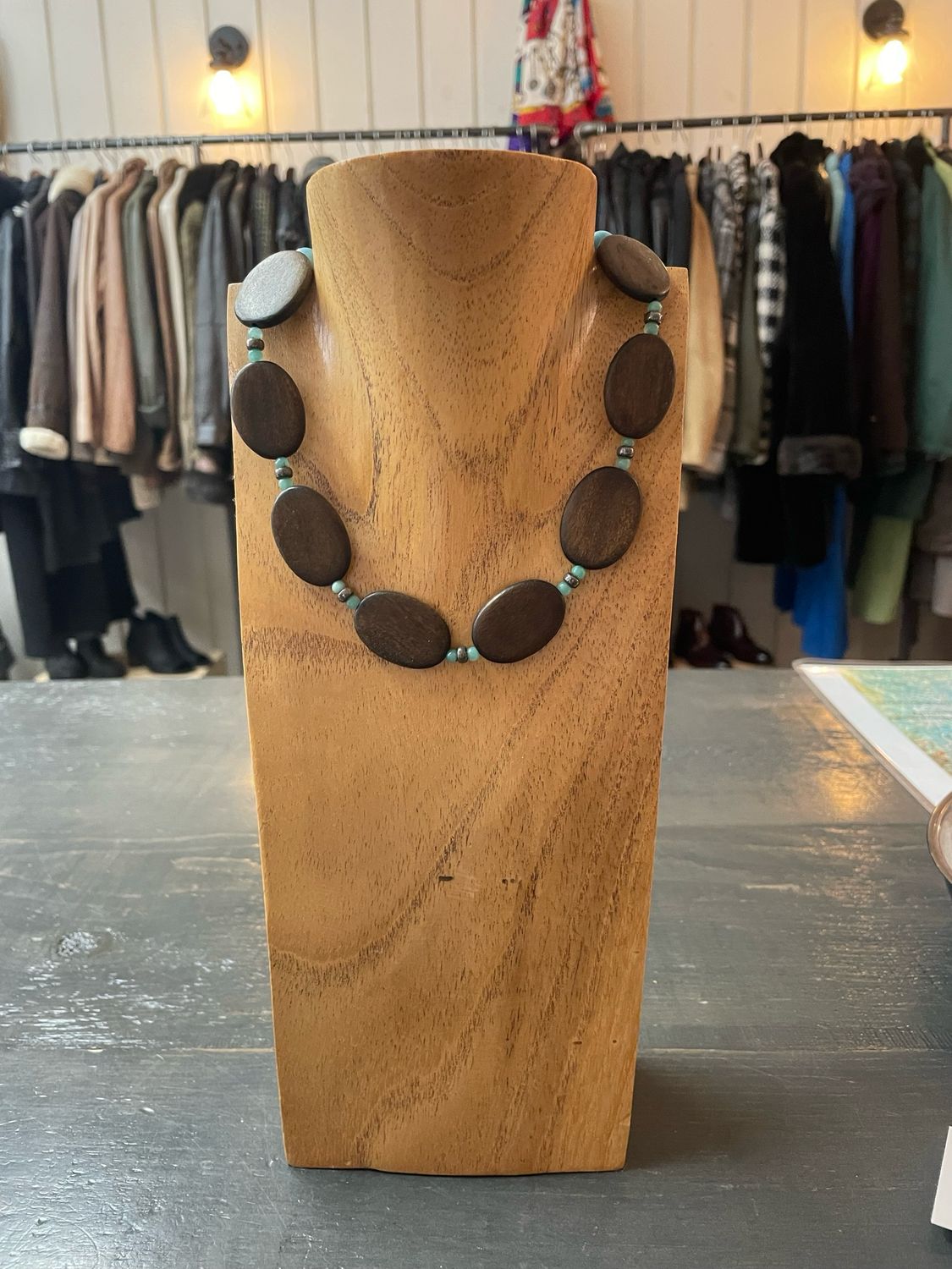 Wooden &amp; Turquoise Beaded Necklace