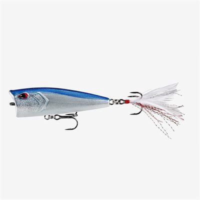 13 Fishing Poppy MCpop Face 75mm w/ Feather Trebel, Color: Chrome Blue Back