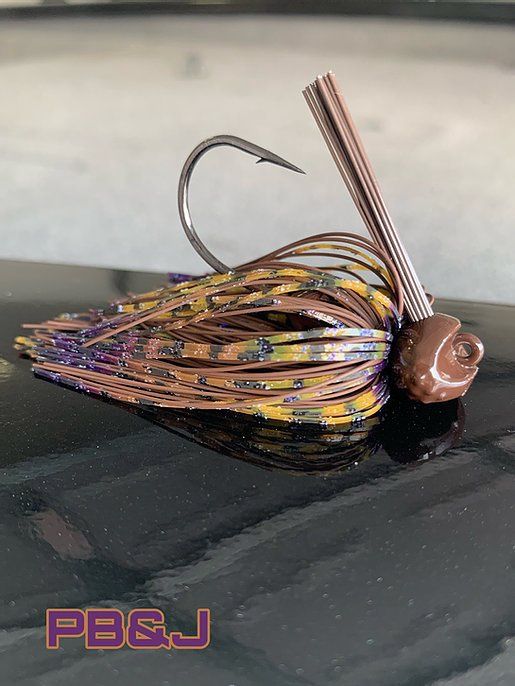 Mad Mouth Bass Baits Co. Live Rubber Image Series Jigs, Color: PB&amp;J, Size: 3/8oz 3/0 Mustad