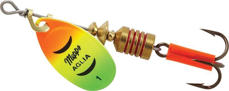 Mepps Aglia In-Line Spinners Mepps Aglia In-Line Spinners, Blade Color: Hot Firetiger, Hook Size & Type: 1/8 oz Plain Treble