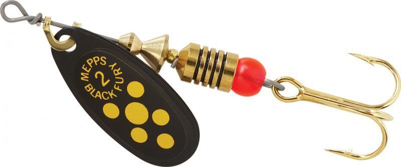 Mepps Black Fury In-Line Spinner Mepps Black Fury In-Line Spinner, Color: 1/8 oz Plain Treble, Hook Size & Type: Yellow Dot