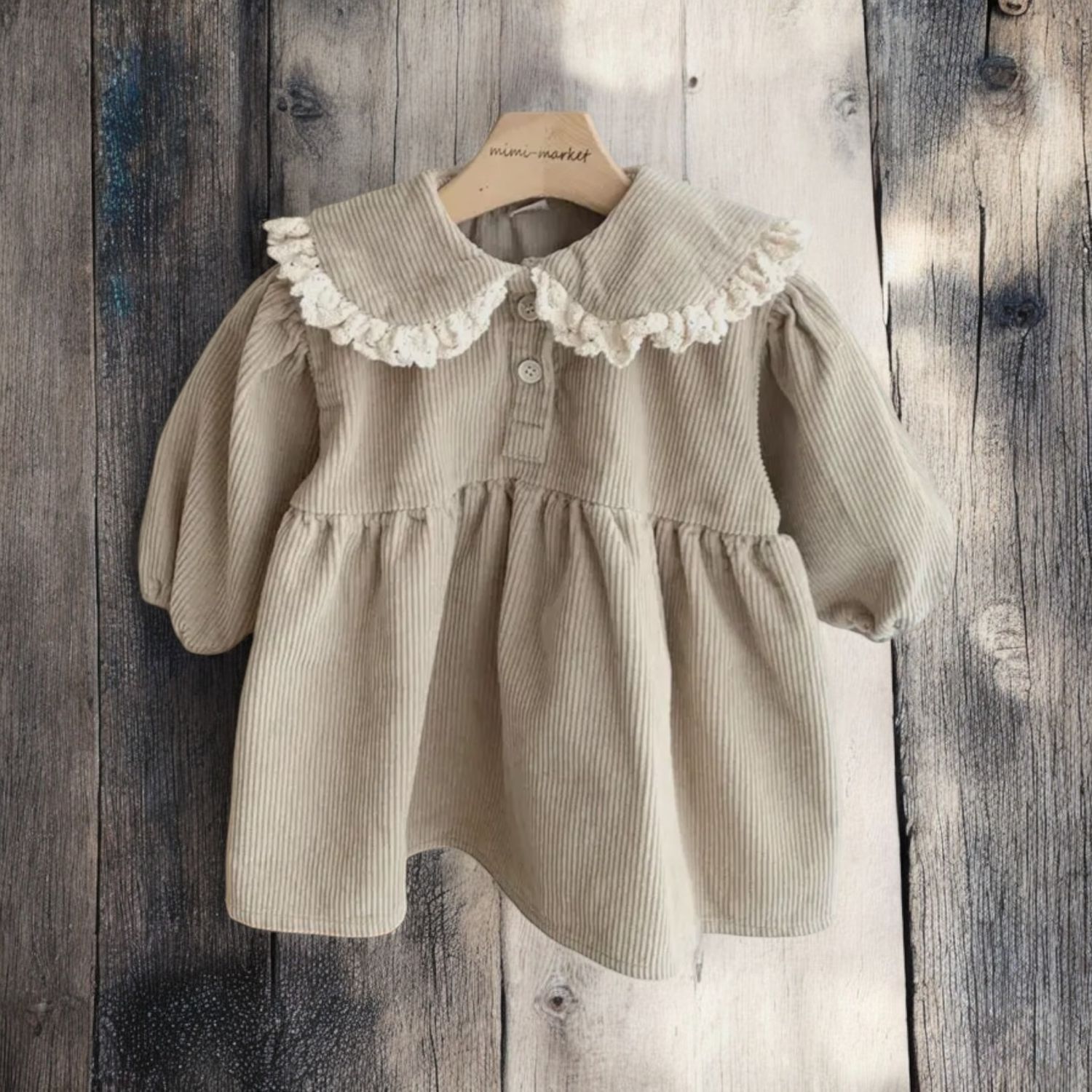 Corduroy katoenen jurk met kraag - Lichtbruin