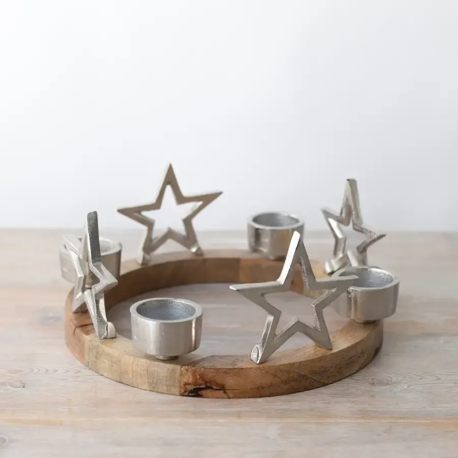Houten ring met ster en theelichthouder, 25cm