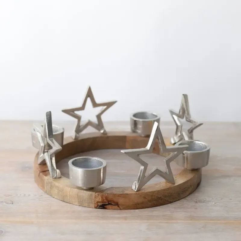 Houten ring met ster en theelichthouder, 25cm