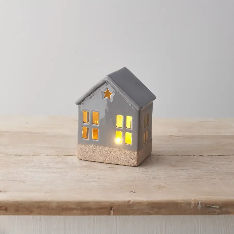 Light Up House met ster , Grijs 12cm