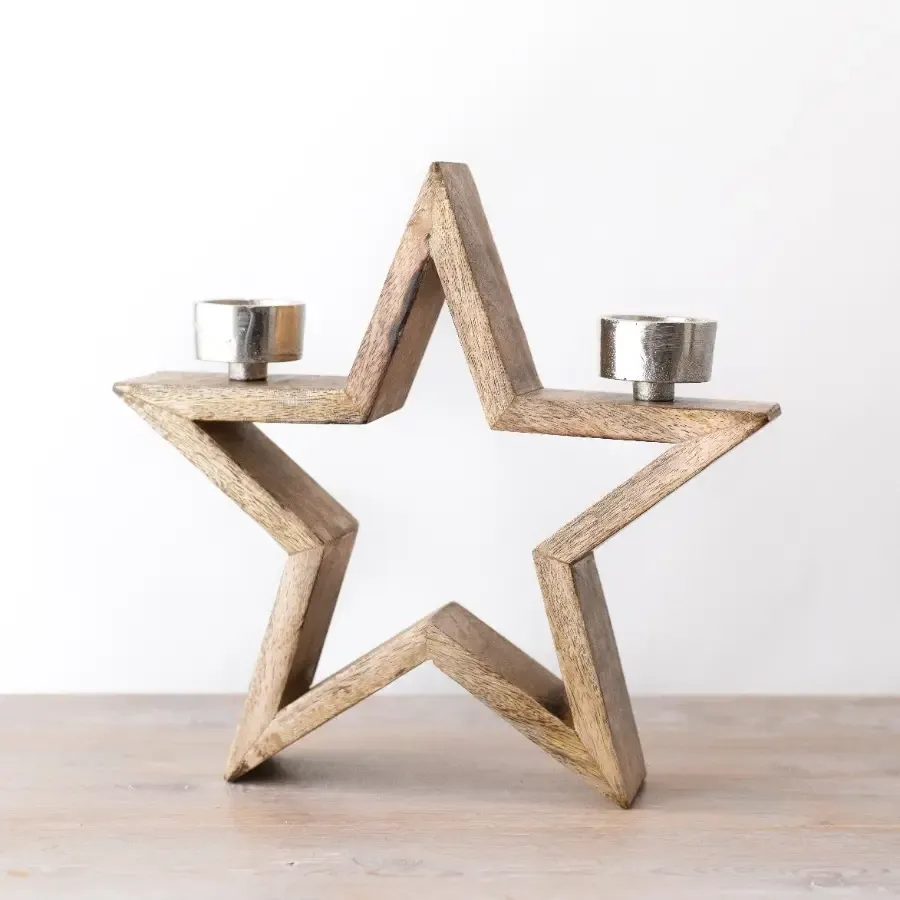 Houten ster met theelichthouders, 28cm