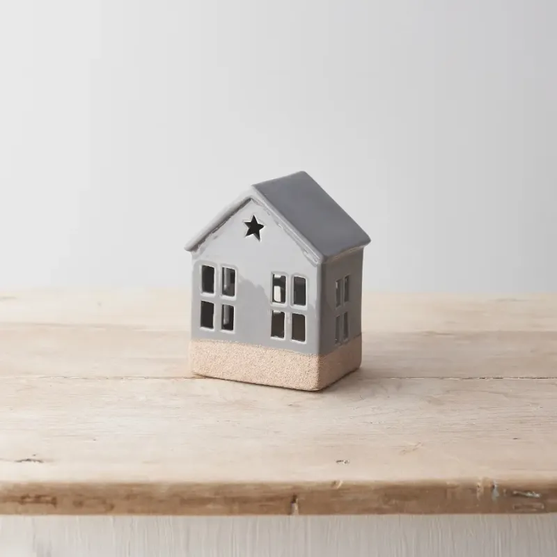 Light Up House met ster , Grijs 12cm