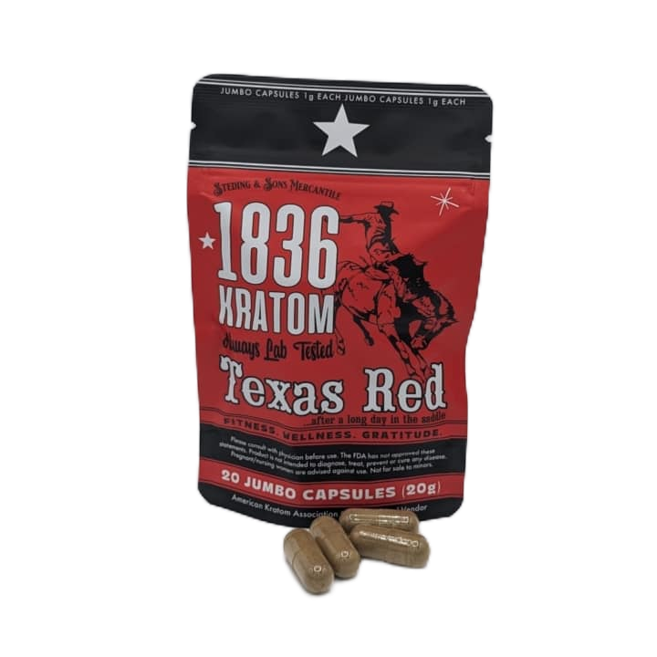 1836 Kratom Texas Red 20 Count Jumbo Capsules