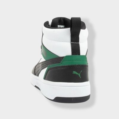 Puma Rebound V6 sneaker - Zwart/Wit - Leer achteraanzicht met groen accent
