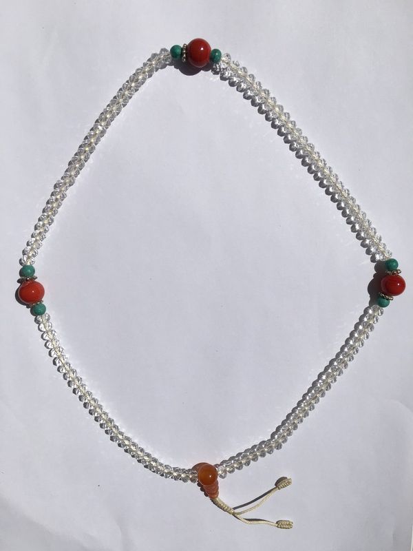 White Crystalline Mala With Turquoise &amp; Coral Beads