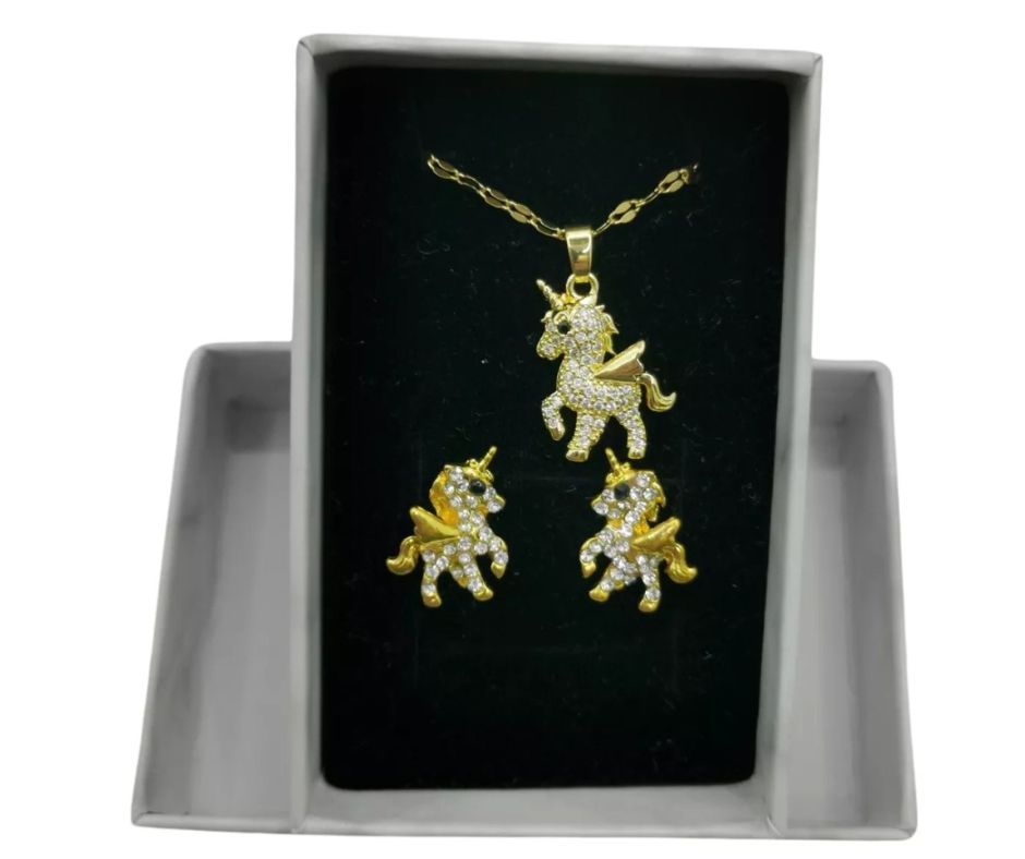 Collar y Aretes Unicornio Acero Inoxidable Calenbi Chapa De Oro 10k