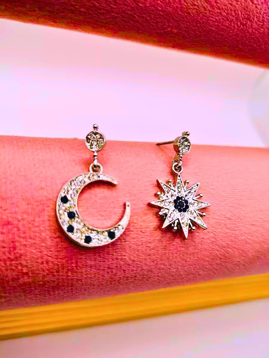 Pendientes S925 Ley Estrella y Luna Calenbi Circón Blanco y Azul