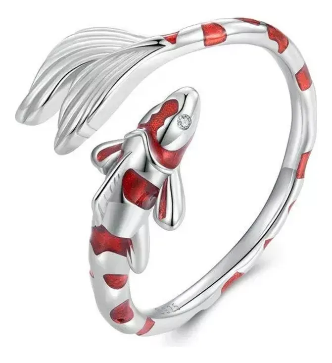 Anillo Plata De Ley 925 Calenbi Pez Koi Rojo Ajustable