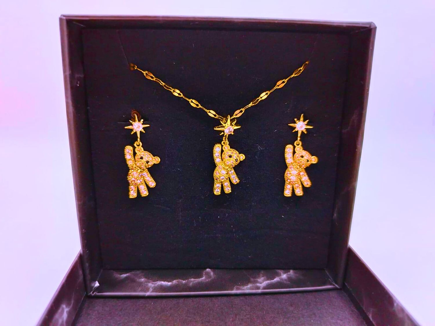 Collar y Aretes Acero Inoxidable Oso Calenbi Chapa Oro 10K