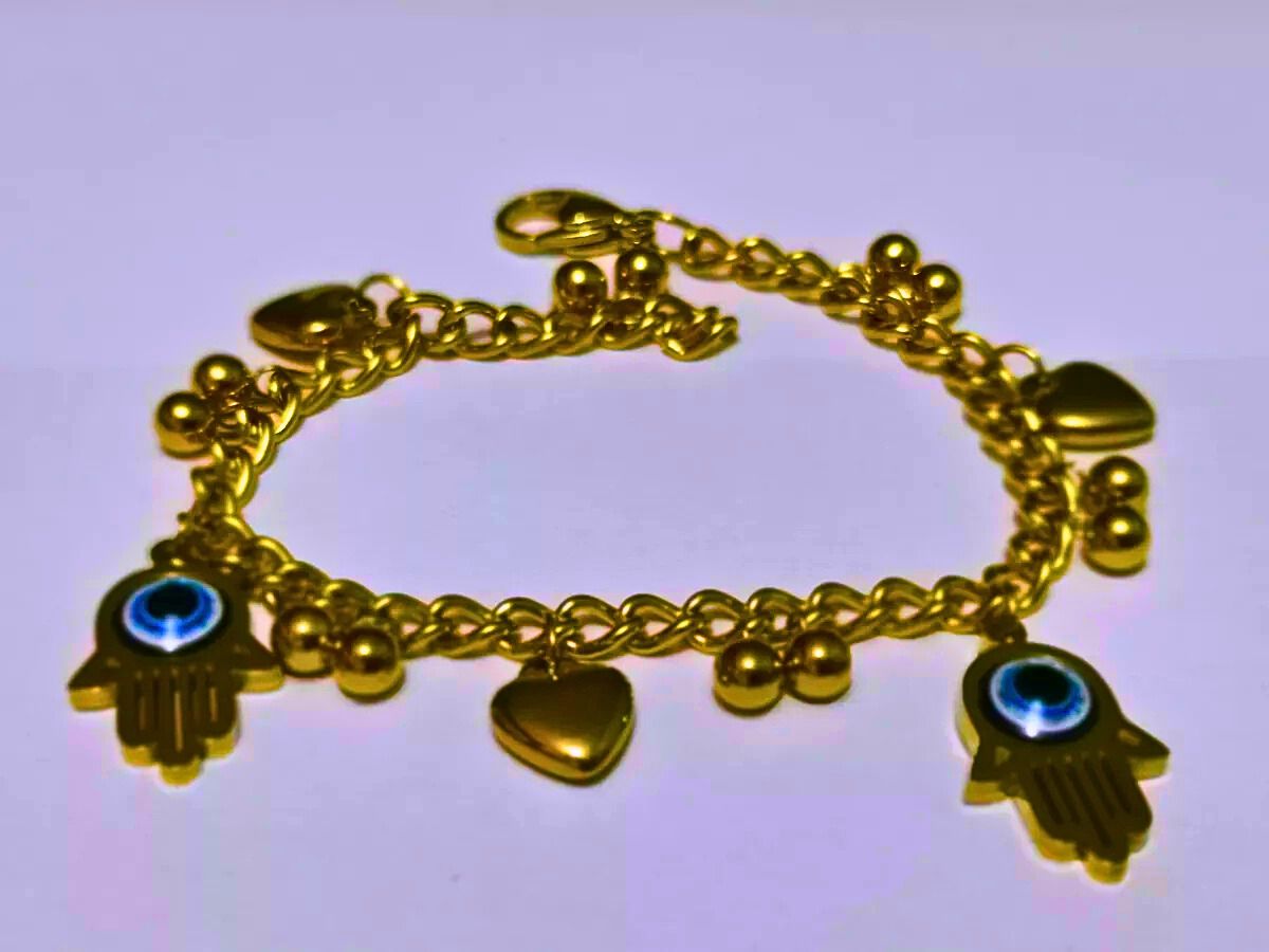 Pulsera Acero Inoxidable Calenbi Mano De Fátima Chapa Oro 10k