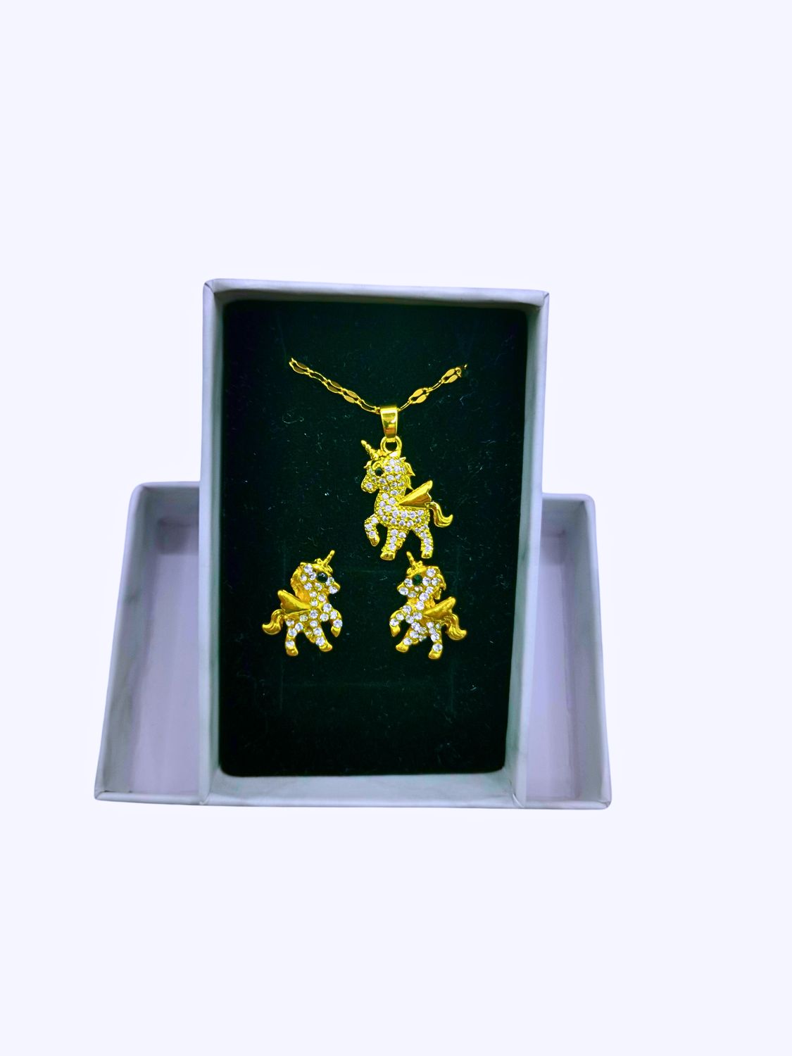 Collar y Aretes Unicornio Acero Inoxidable Calenbi Chapa Oro 10k