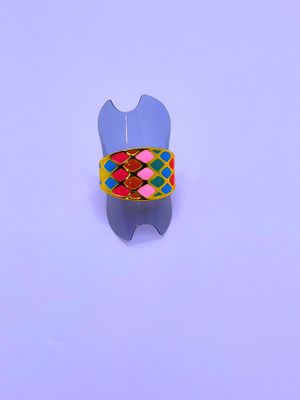 Anillo Acero Inoxidable Calenbi Cuadriculado Epoxica Diagonal Chapa Oro 18k Ajustable