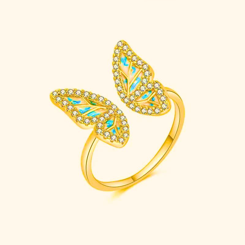 Anillo Cobre Calenbi Mariposa Color Verde Azulado Chapa de Oro 10k