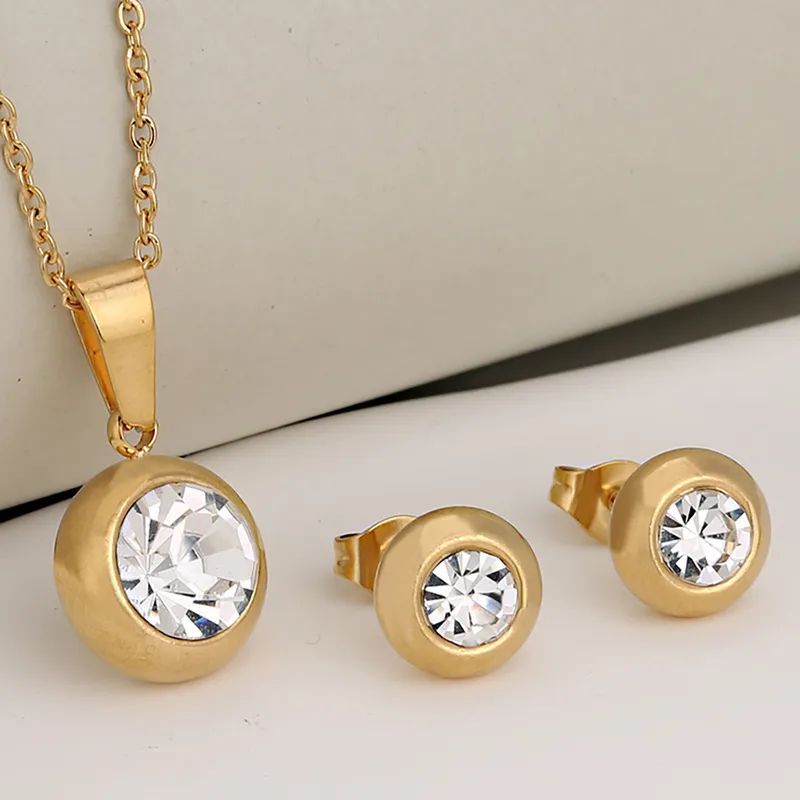 Collar y Aretes Acero Inoxidable 304 L Calenbi Circonita Blanca Chapa Oro 10k