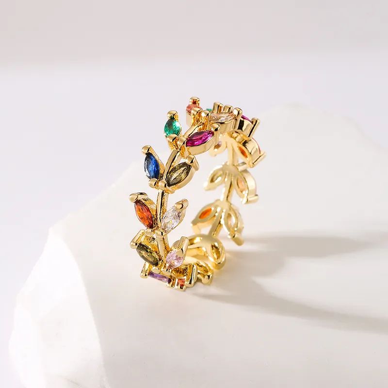 Anillo Cobre Calenbi Hoja Laurel Circonita Chapa Oro 10k Ajustable