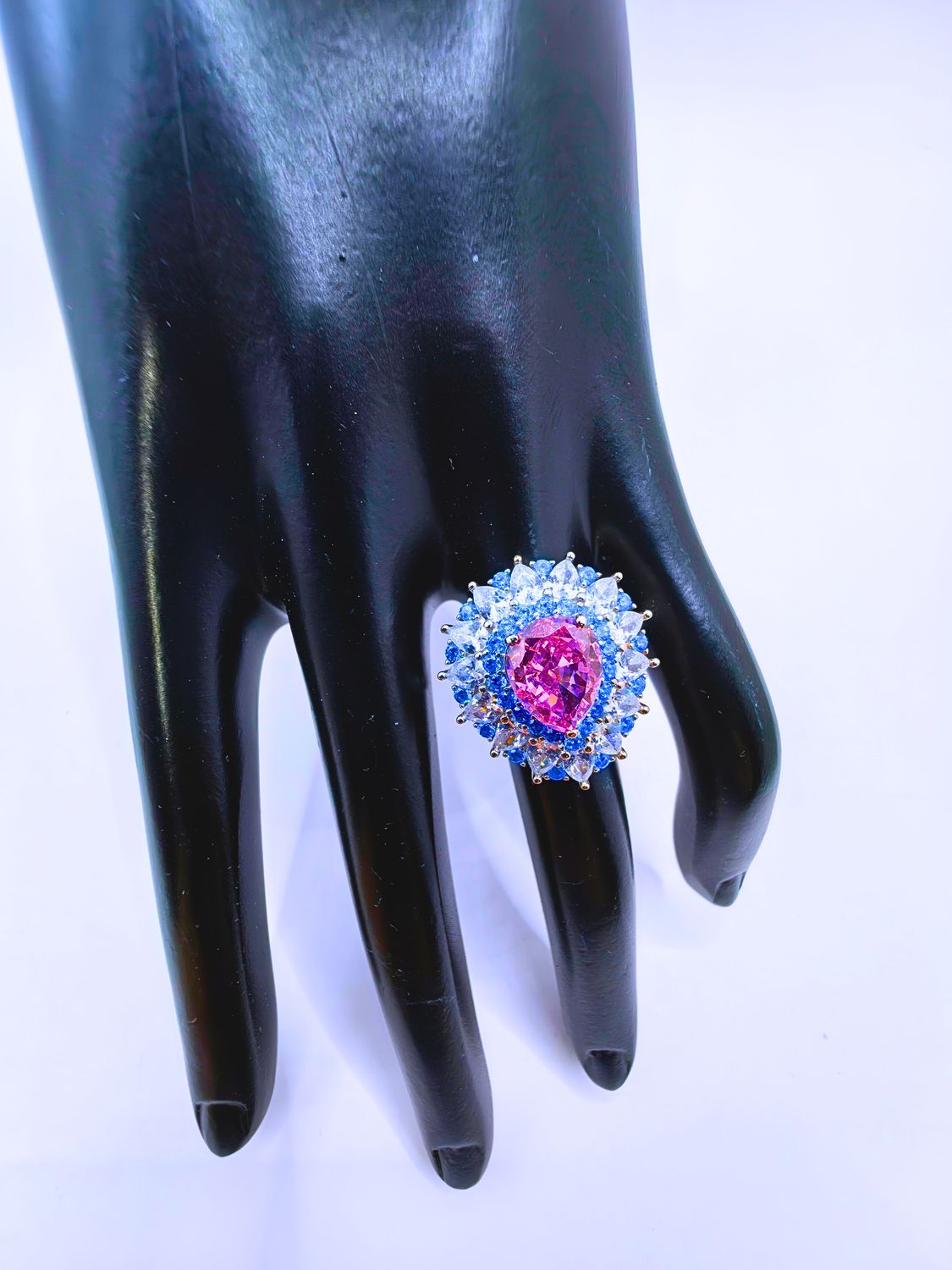 Anillo Plata Ley 925 Calenbi Circonita Rosa Grande, Azul Y Blanco