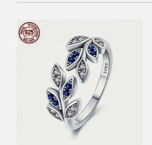 Anillo Plata Ley 925 Calenbi Laurel Circonita Blanca y Azul Ajustable
