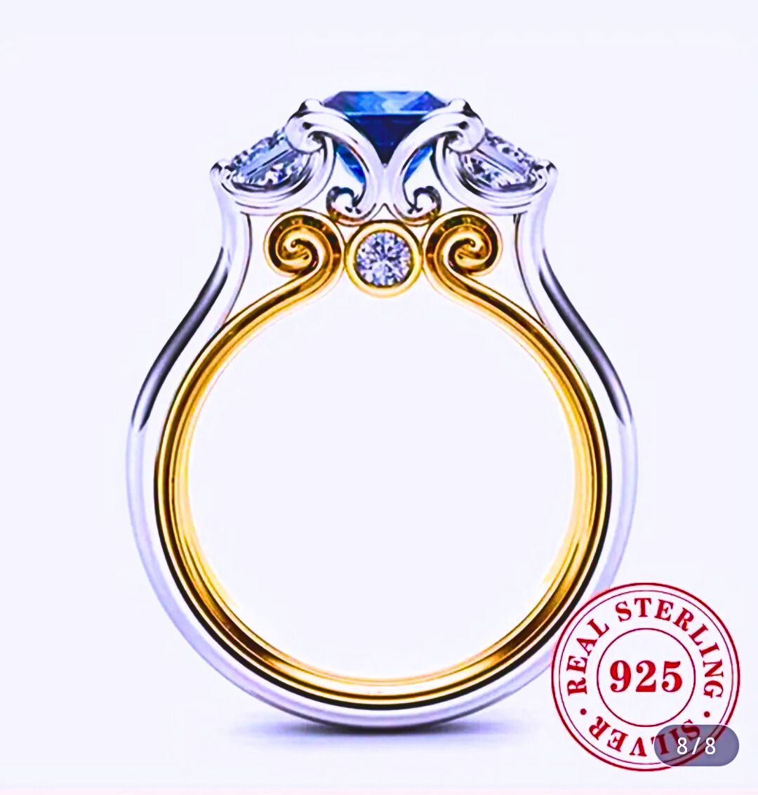 Anillo Plata Esterlina 925 Calenbi Realeza Circonita Azul y Blanca Doble Chapa Oro 14k