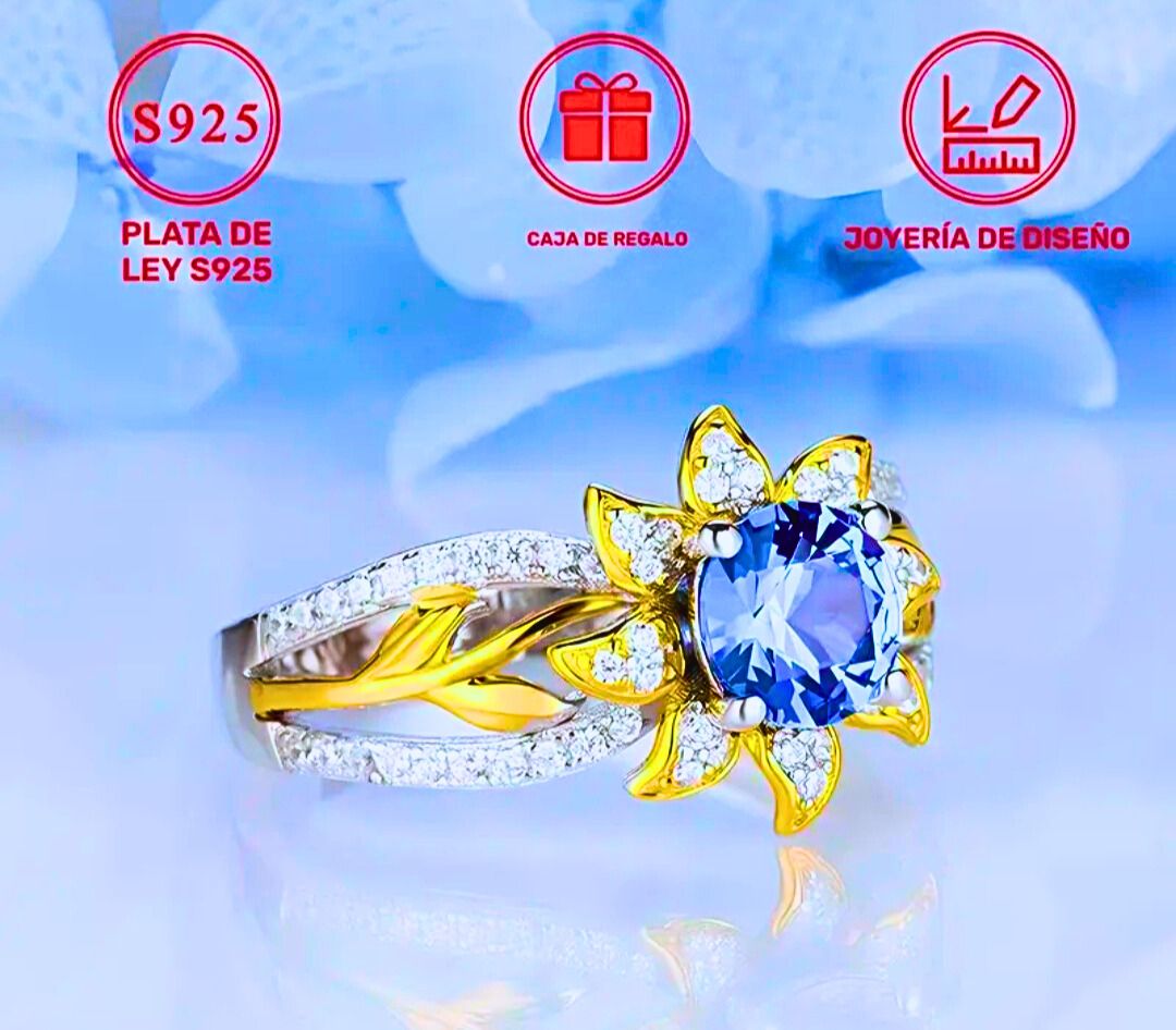 Anillo Plata Esterlina 925 Calenbi Girasol Circonita Azul Marino y Blancas