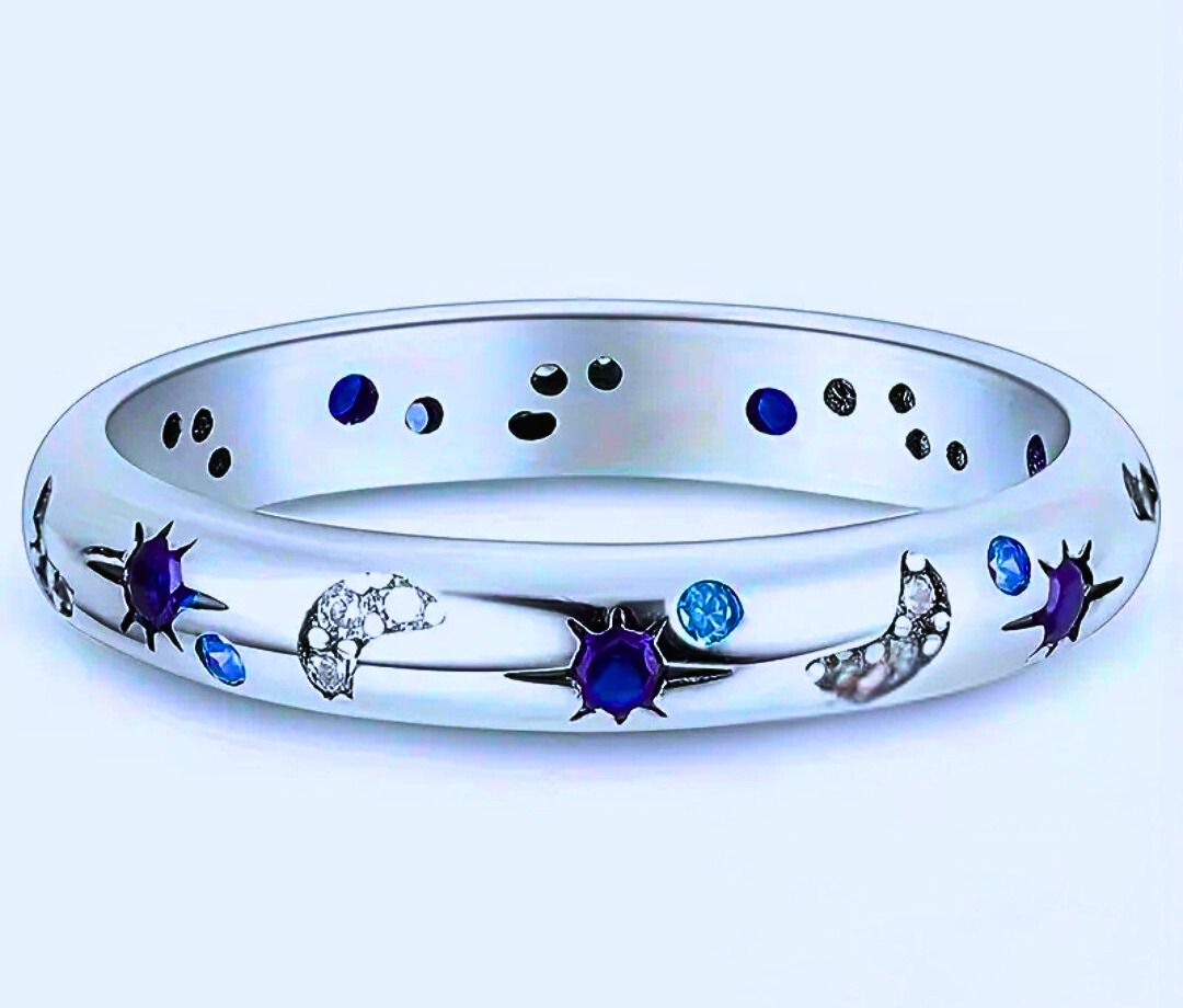 Anillo Plata Ley 925 Calenbi Sol, Luna y Estrellas Circonita Cubica