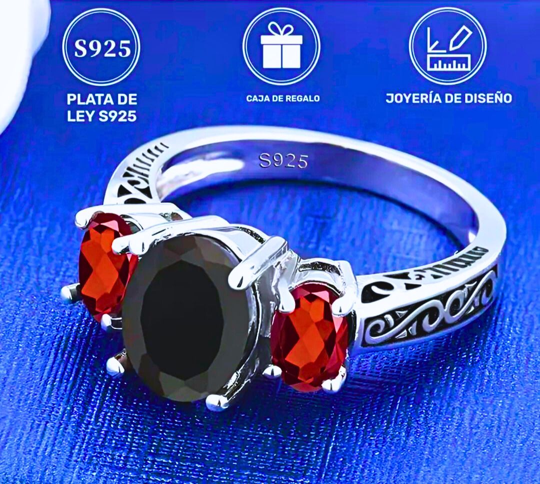 Anillo Plata Ley 925 Calenbi EMO Circonita Cubica Negra y Roja