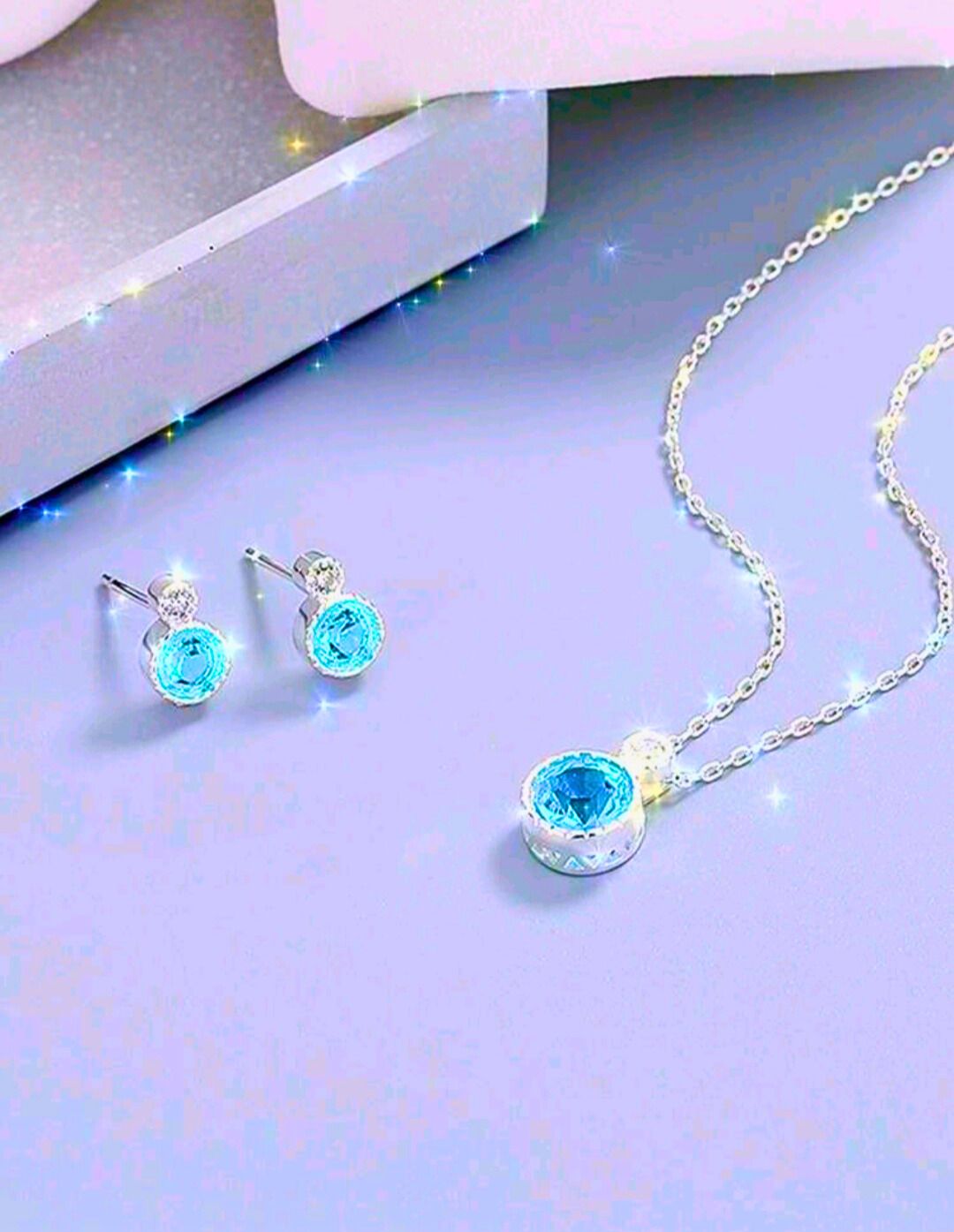 Collar y Aretes Plata Ley 925 Calenbi Circionita Azul Cielo