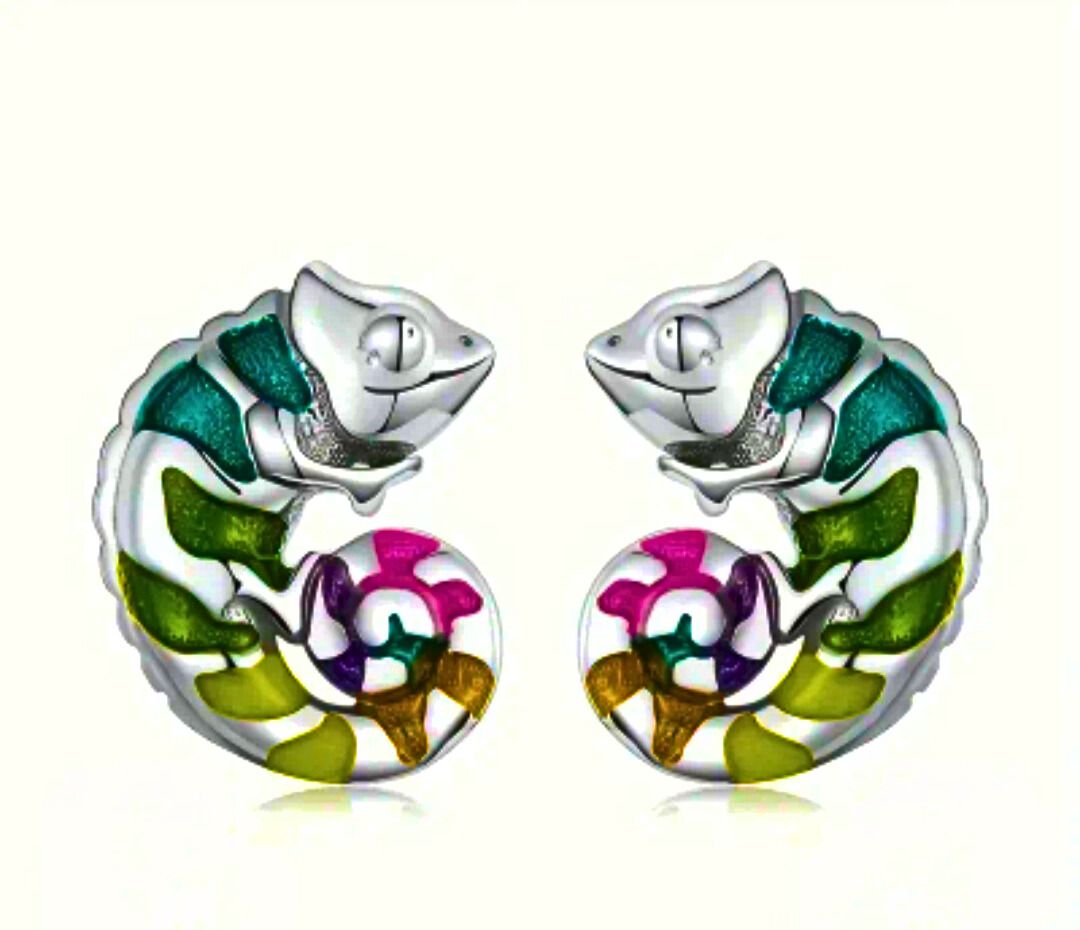 Aretes Plata Esterlina 925 Calenbi Camaleón Resina Epoxica