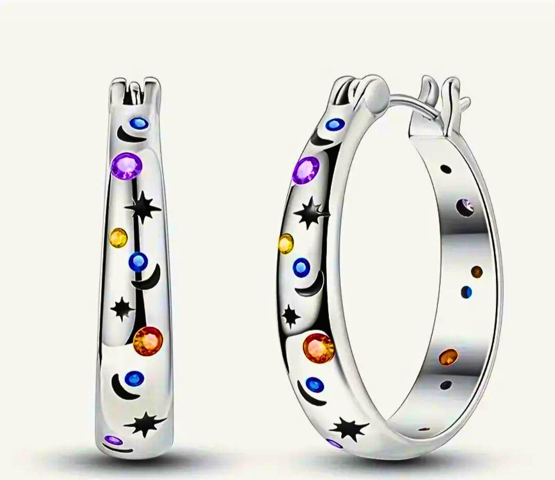 Aretes Plata Esterlina 925 Calenbi Minimalista Sol, Luna y Estrellas Circonita