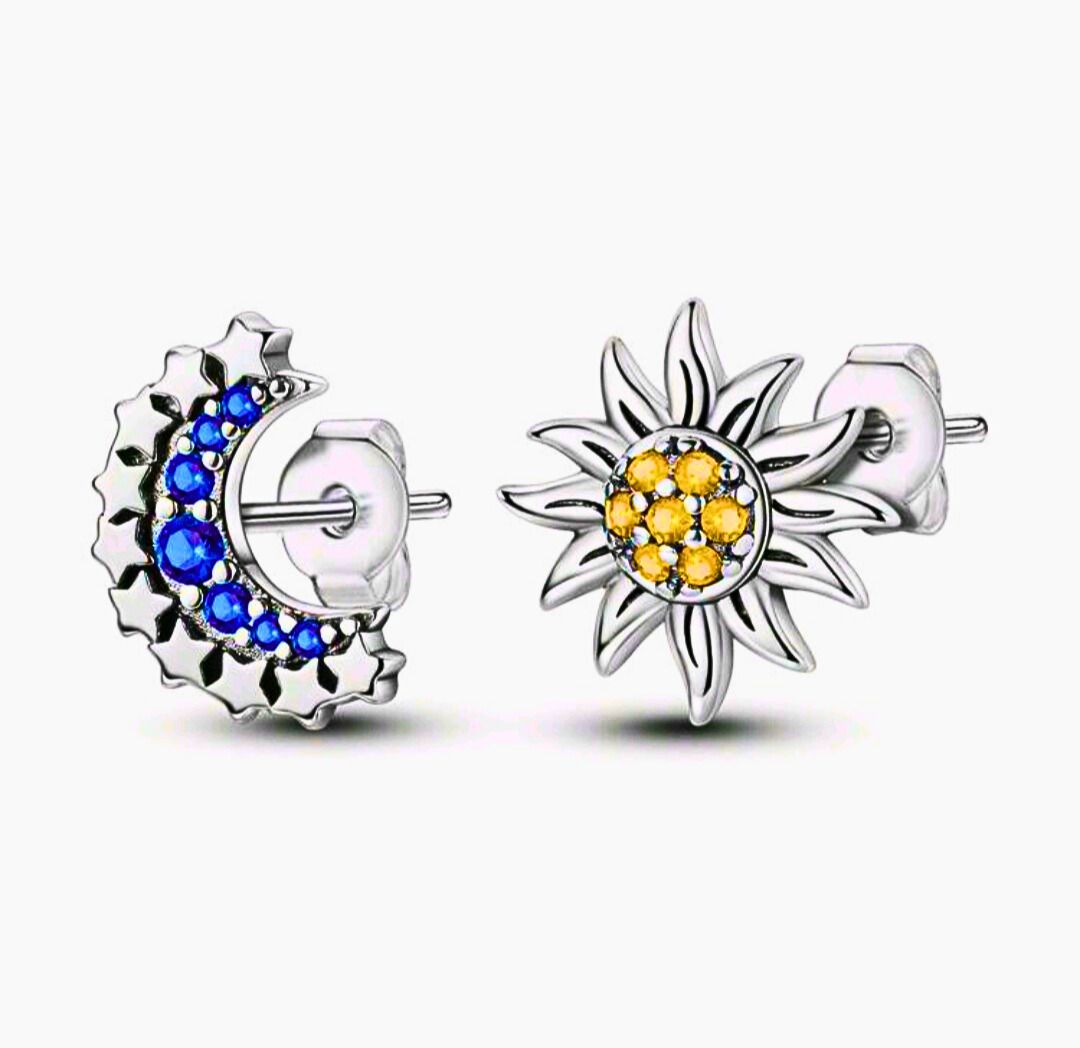 Aretes Plata Ley 925 Calenbi Sol y Luna Circonita Azul y Amarilla