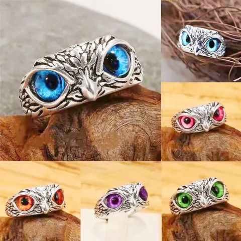 Anillo Aleación Calenbi Búho Ojos Colores Ajustable