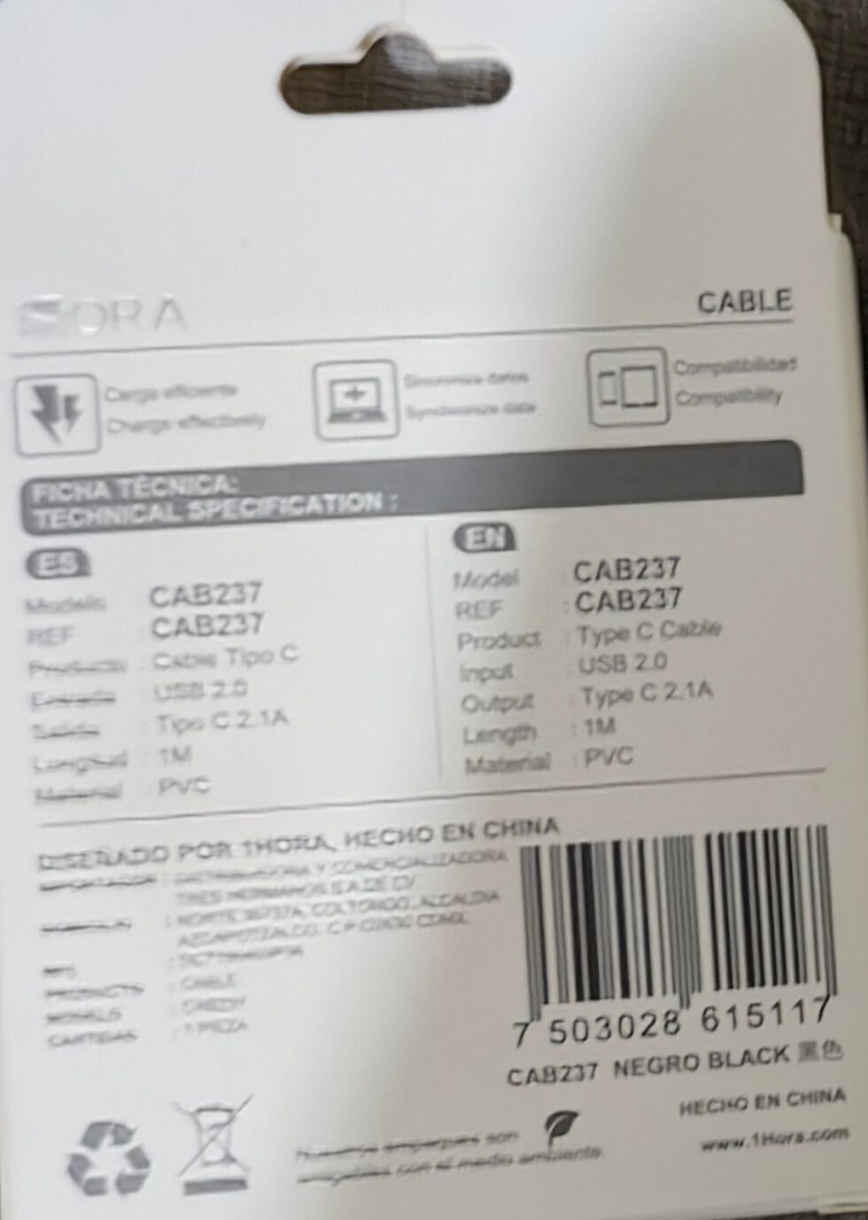 1M CABLE TIPO C 2.1A  DE CARGA Y DATOS