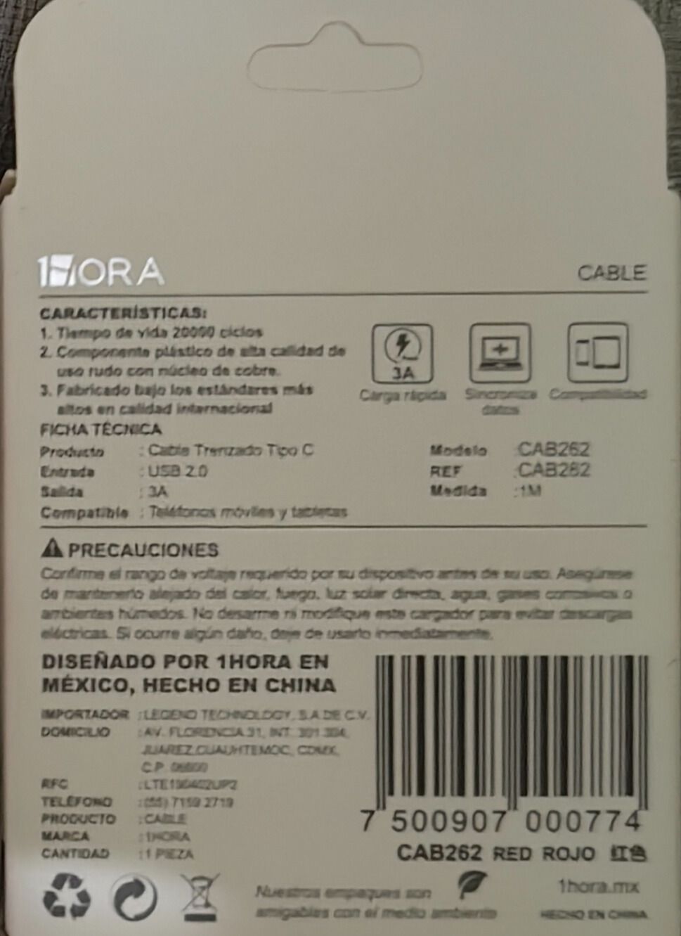 CABLE TIPO C 3A 1M ROJO