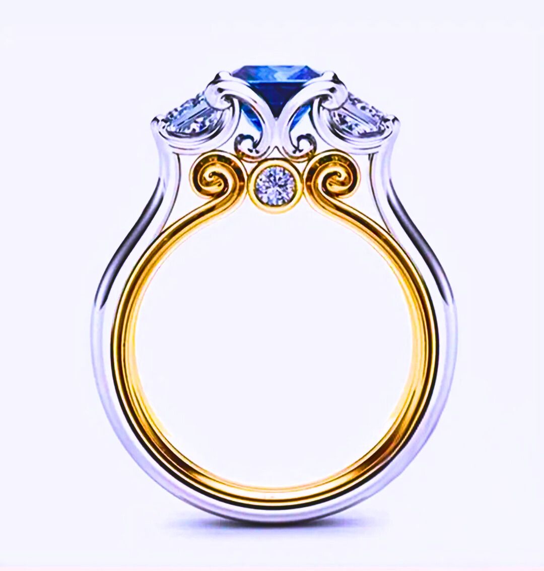 Anillo Plata Esterlina 925 Calenbi Realeza Circonita Azul y Blanca Doble Chapa Oro 14k