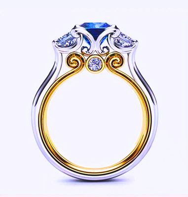 Anillo Plata Esterlina 925 Calenbi Realeza Circonita Azul y Blanca Doble Chapa Oro 14k