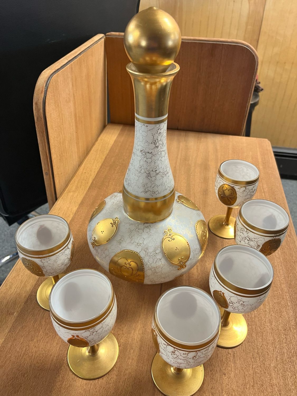Czechoslovakian Hand-Blown Crystal 5 Satin Glass &amp; Decanter Set