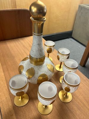 Czechoslovakian Hand-Blown Crystal 5 Satin Glass &amp; Decanter Set
